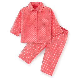 Babyhug Cotton Knit Full Sleeves Polka Dots Printed Night Suit - Orange