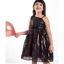 Babyhug Sleeveless Sequinned Party Frock with Floral Applique - Red & Black