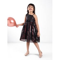 Babyhug Sleeveless Sequinned Party Frock with Floral Applique - Red & Black
