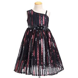 Babyhug Sleeveless Sequinned Party Frock with Floral Applique - Red & Black