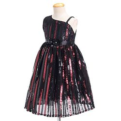 Babyhug Sleeveless Sequinned Party Frock with Floral Applique - Red & Black