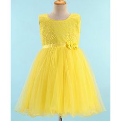 Babyhug Sleeveless Sequinned & Embroidered Party Frock with Floral Applique -  Yellow