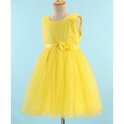 Babyhug Sleeveless Sequinned & Embroidered Party Frock with Floral Applique -  Yellow