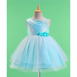 Babyhug Woven Sleeveless Party Frock With Sequinned & Floral Applique - Blue