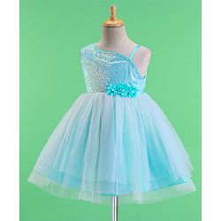 Babyhug Woven Sleeveless Party Frock With Sequinned & Floral Applique - Blue