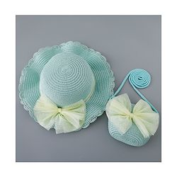 Babyhug Straw Hat with Bow Applique and Purse - Blue