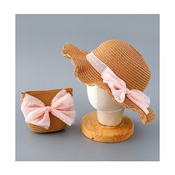 Babyhug Straw Hat with Bow Applique and Purse - Blue