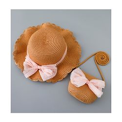 Babyhug Straw Hat with Bow Applique and Purse - Blue