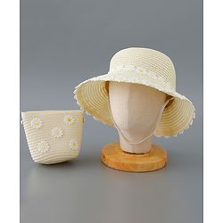 Babyhug Straw Hat Flower Design with Bow Applique and Purse - Cream