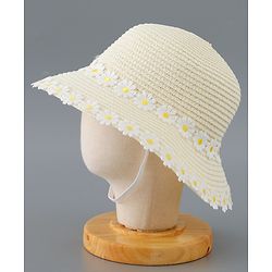 Babyhug Straw Hat Flower Design with Bow Applique and Purse - Cream