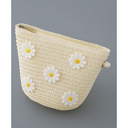Babyhug Straw Hat Flower Design with Bow Applique and Purse - Cream