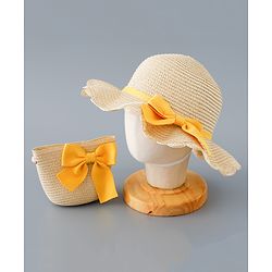 Babyhug Straw Hat with Bow Applique and Purse - Beige