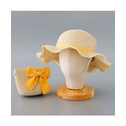Babyhug Straw Hat with Bow Applique and Purse - Beige