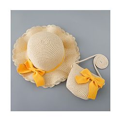 Babyhug Straw Hat with Bow Applique and Purse - Beige