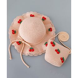 Babyhug Straw Hat with Cherry Embroidery and Purse - Pink