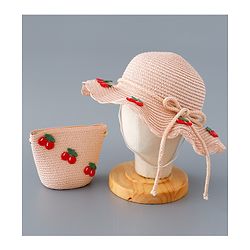 Babyhug Straw Hat with Cherry Embroidery and Purse - Pink