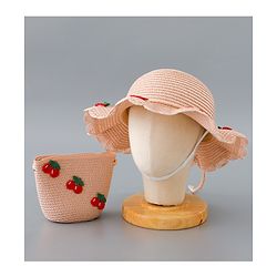 Babyhug Straw Hat with Cherry Embroidery and Purse - Pink