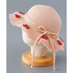 Babyhug Straw Hat with Cherry Embroidery and Purse - Pink