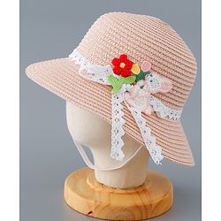 Babyhug Straw Hat with Flower and Bunny Applique - Pink