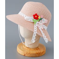 Babyhug Straw Hat with Flower and Bunny Applique - Pink