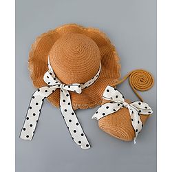 Babyhug Straw Hat with Bow Applique and Purse - Brown