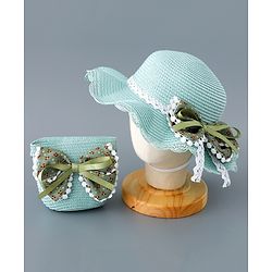 Babyhug Straw Hat with Bow Applique and Purse - Green