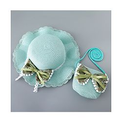 Babyhug Straw Hat with Bow Applique and Purse - Green