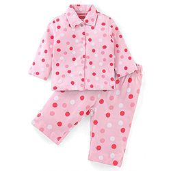 Babyhug Cotton Knit Full Sleeves Night Suit With Dots Print - Pink