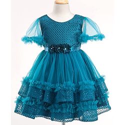 Babyhug Half Sleeves Shimmery Party Frock with Floral Applique & Sequin Detailing - Teal Blue