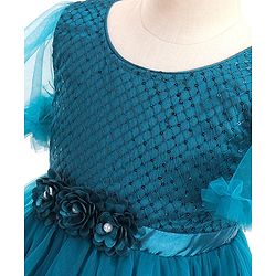 Babyhug Half Sleeves Shimmery Party Frock with Floral Applique & Sequin Detailing - Teal Blue