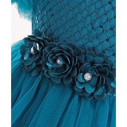 Babyhug Half Sleeves Shimmery Party Frock with Floral Applique & Sequin Detailing - Teal Blue