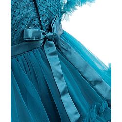 Babyhug Half Sleeves Shimmery Party Frock with Floral Applique & Sequin Detailing - Teal Blue