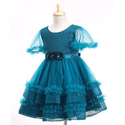 Babyhug Half Sleeves Shimmery Party Frock with Floral Applique & Sequin Detailing - Teal Blue