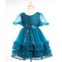 Babyhug Half Sleeves Shimmery Party Frock with Floral Applique & Sequin Detailing - Teal Blue