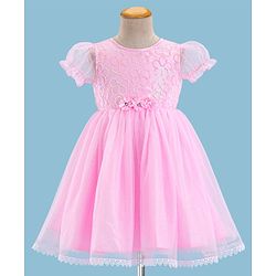 Babyhug Puffed Sleeves Sequinned & Corsage Detailing Party Frock - Pink