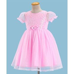 Babyhug Puffed Sleeves Sequinned & Corsage Detailing Party Frock - Pink
