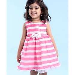 Babyhug Woven Sleeveless Pleated Satin Party Frock with Floral Applique - White Pink