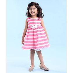 Babyhug Woven Sleeveless Pleated Satin Party Frock with Floral Applique - White Pink