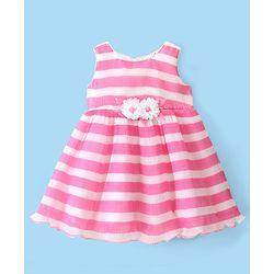 Babyhug Woven Sleeveless Pleated Satin Party Frock with Floral Applique - White Pink