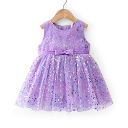 Babyhug Sleeveless All Over Foil Printed Party Frock with Bow - Lavender