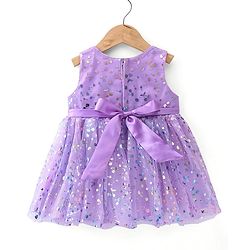 Babyhug Sleeveless All Over Foil Printed Party Frock with Bow - Lavender