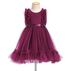 Babyhug Sleeveless Mesh Party Frock with Frill Detailing & Bow Applique -  Aubergine