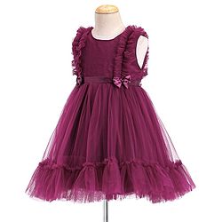 Babyhug Sleeveless Mesh Party Frock with Frill Detailing & Bow Applique -  Aubergine