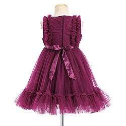 Babyhug Sleeveless Mesh Party Frock with Frill Detailing & Bow Applique -  Aubergine