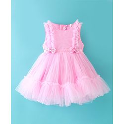 Babyhug Sleeveless Mesh Party Frock with Bow Applique - Pink
