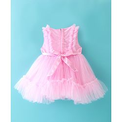 Babyhug Sleeveless Mesh Party Frock with Bow Applique - Pink