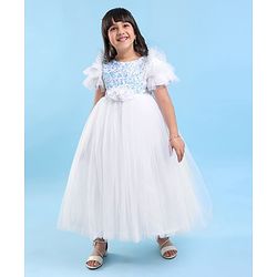 Babyhug Sleeveless  Glitter Printed Party Gown with Floral Applique - White