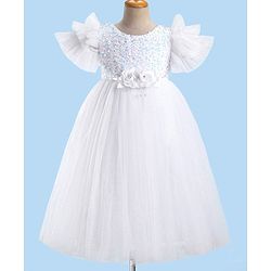Babyhug Sleeveless  Glitter Printed Party Gown with Floral Applique - White