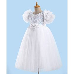 Babyhug Sleeveless  Glitter Printed Party Gown with Floral Applique - White