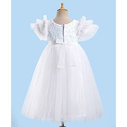 Babyhug Sleeveless  Glitter Printed Party Gown with Floral Applique - White